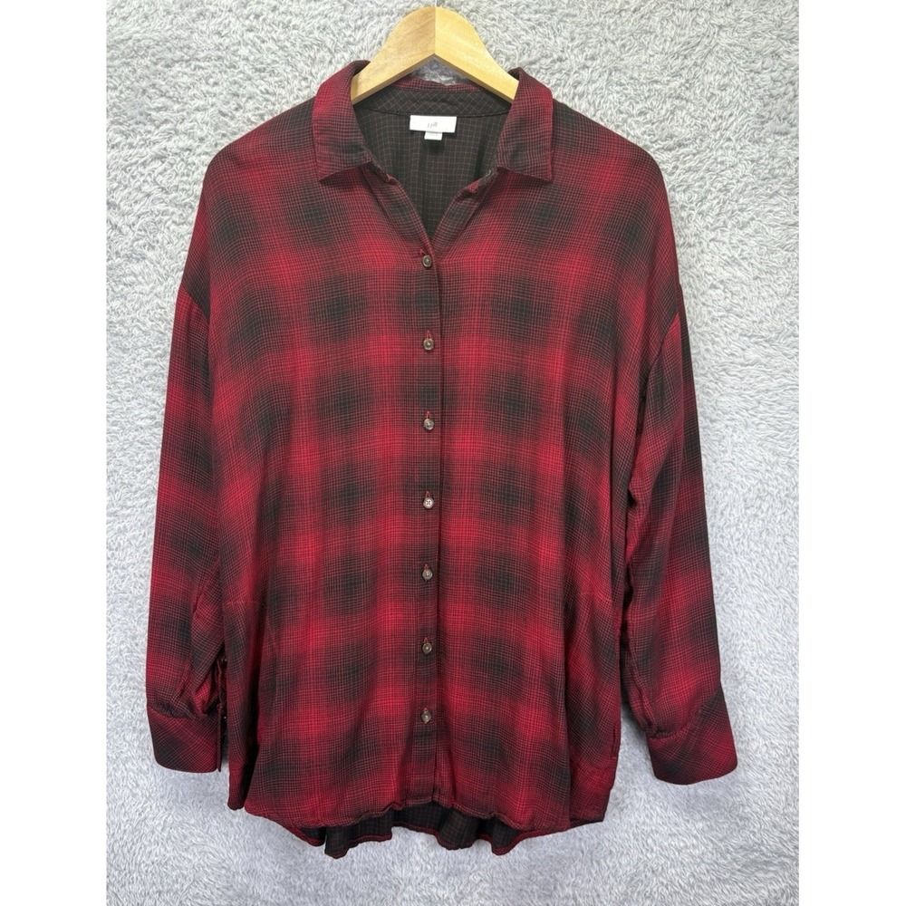 J Jill Womens M Plaid Tunic Top Red Black Button Up Rayon Relaxed Fit Pockets